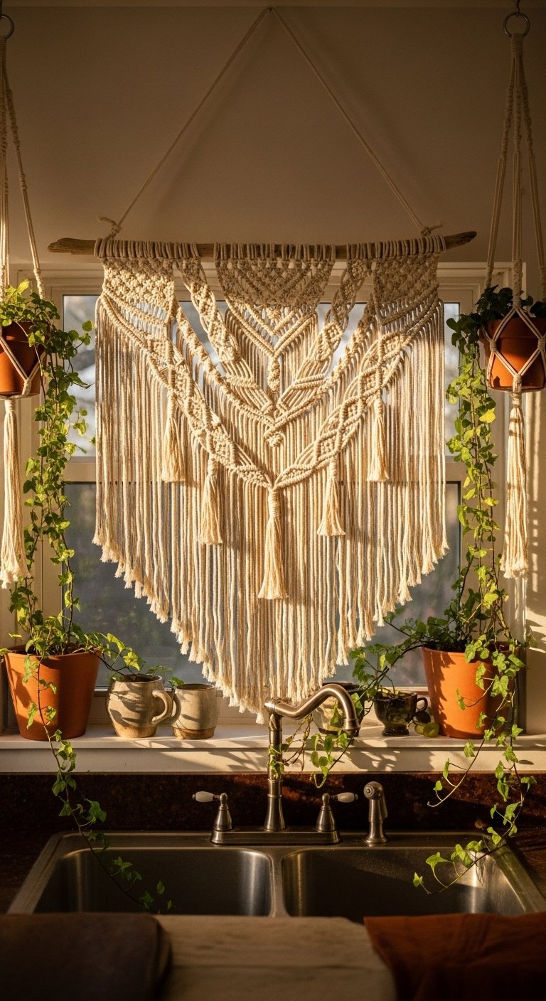 Bohemian macrame valance hand-knotted cotton cord on driftwood above kitchen sink with terracotta pots and ivy