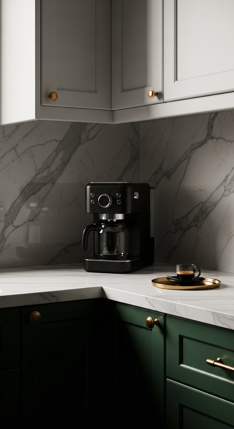 Bold emerald green kitchen with matte black coffee maker brass handles white marble countertop and blurred white upper cabinet