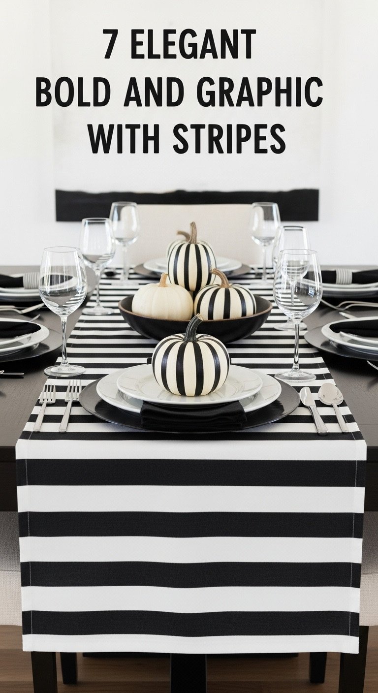 Bold graphic Thanksgiving table with black and white striped runner black chargers white plates and striped white pumpkins