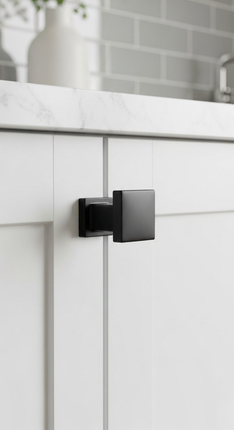 Bold matte black square knob on a crisp white Shaker cabinet door, bright studio light, blurred subway tile backsplash
