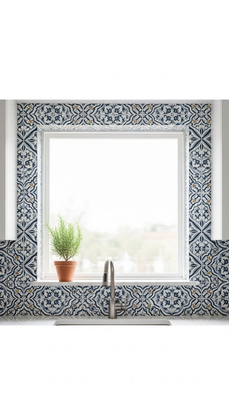 Bold patterned cement tile backsplash framing kitchen window with white countertop and rosemary topiary on windowsill