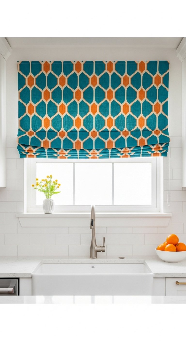 Bold patterned curtains a Roman shade with vibrant geometric teal and orange fabric above a kitchen sink