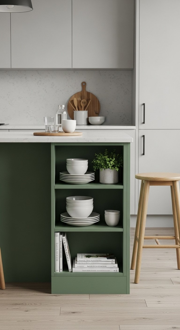 Bold sage green kitchen island with vertical storage for plates cookbooks and a plant in a minimalist kitchen