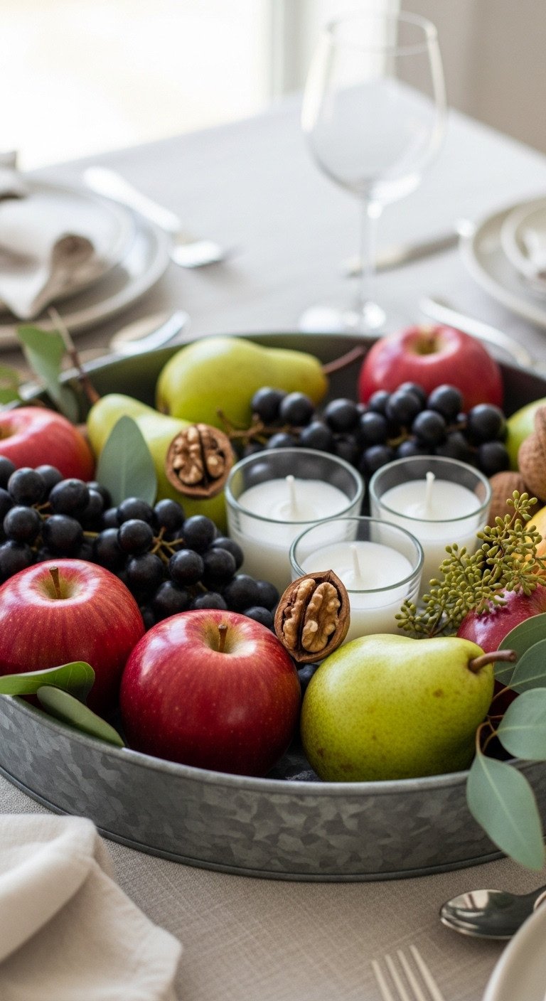 Bountiful harvest fruit and candle centerpiece tray with apples pears grapes votive candles walnuts and eucalyptus