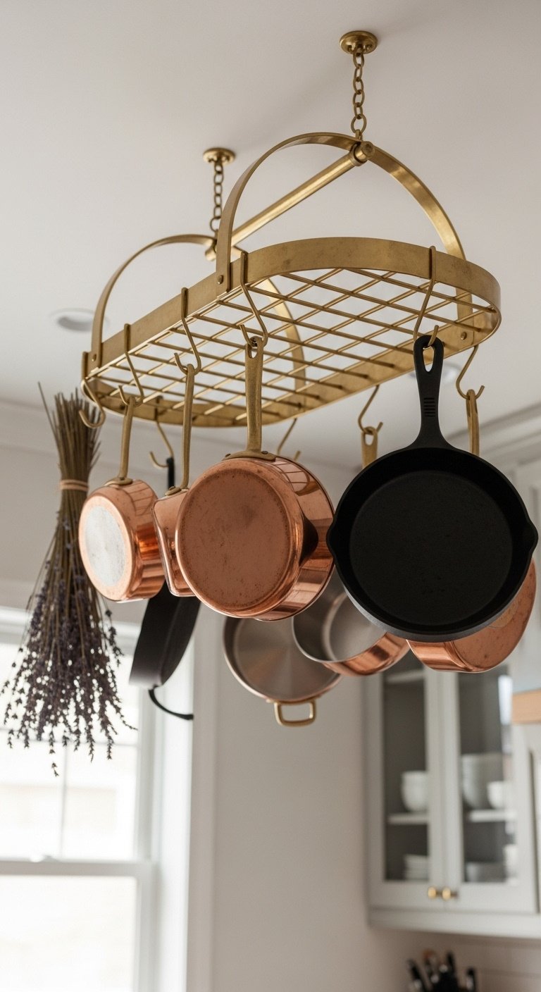 Brass pot rack with copper pots a cast iron skillet and dried lavender hanging from a white ceiling