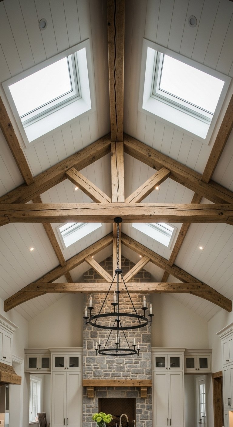 Breathtaking kitchen with high vaulted ceiling exposed reclaimed wood beams skylights and an oversized iron chandelier