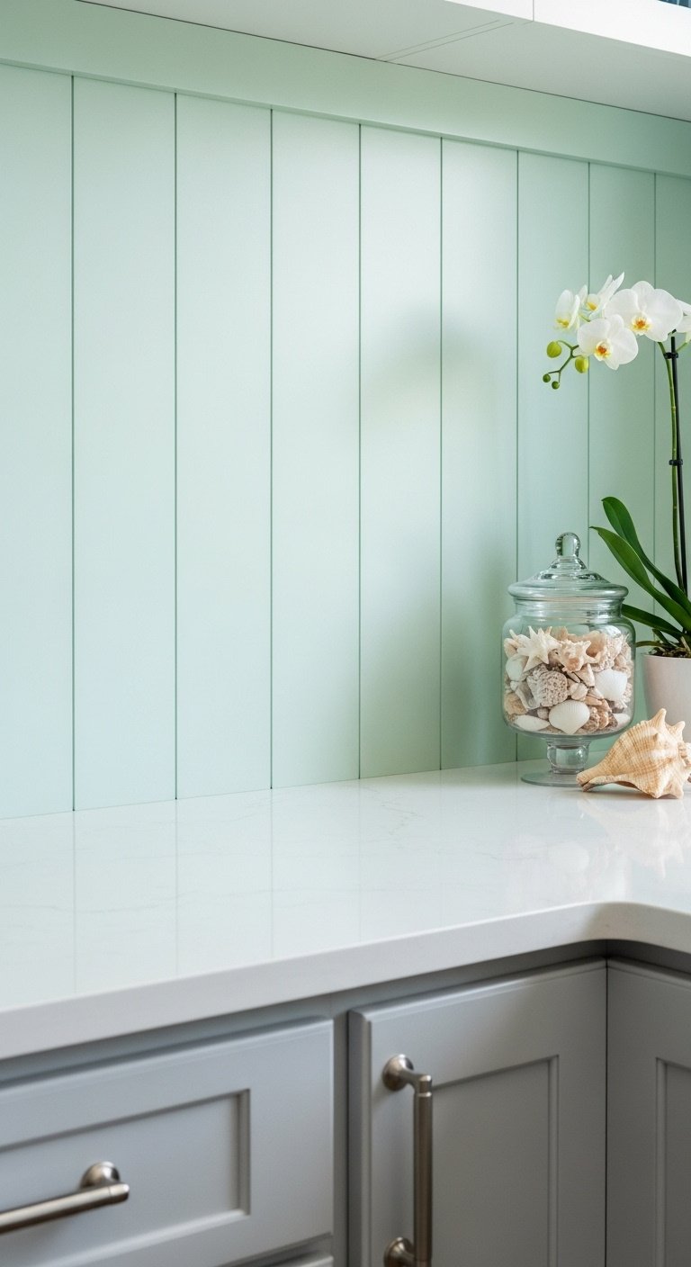 Breezy coastal kitchen with a light seafoam green vertical shiplap backsplash white counter and light gray cabinets
