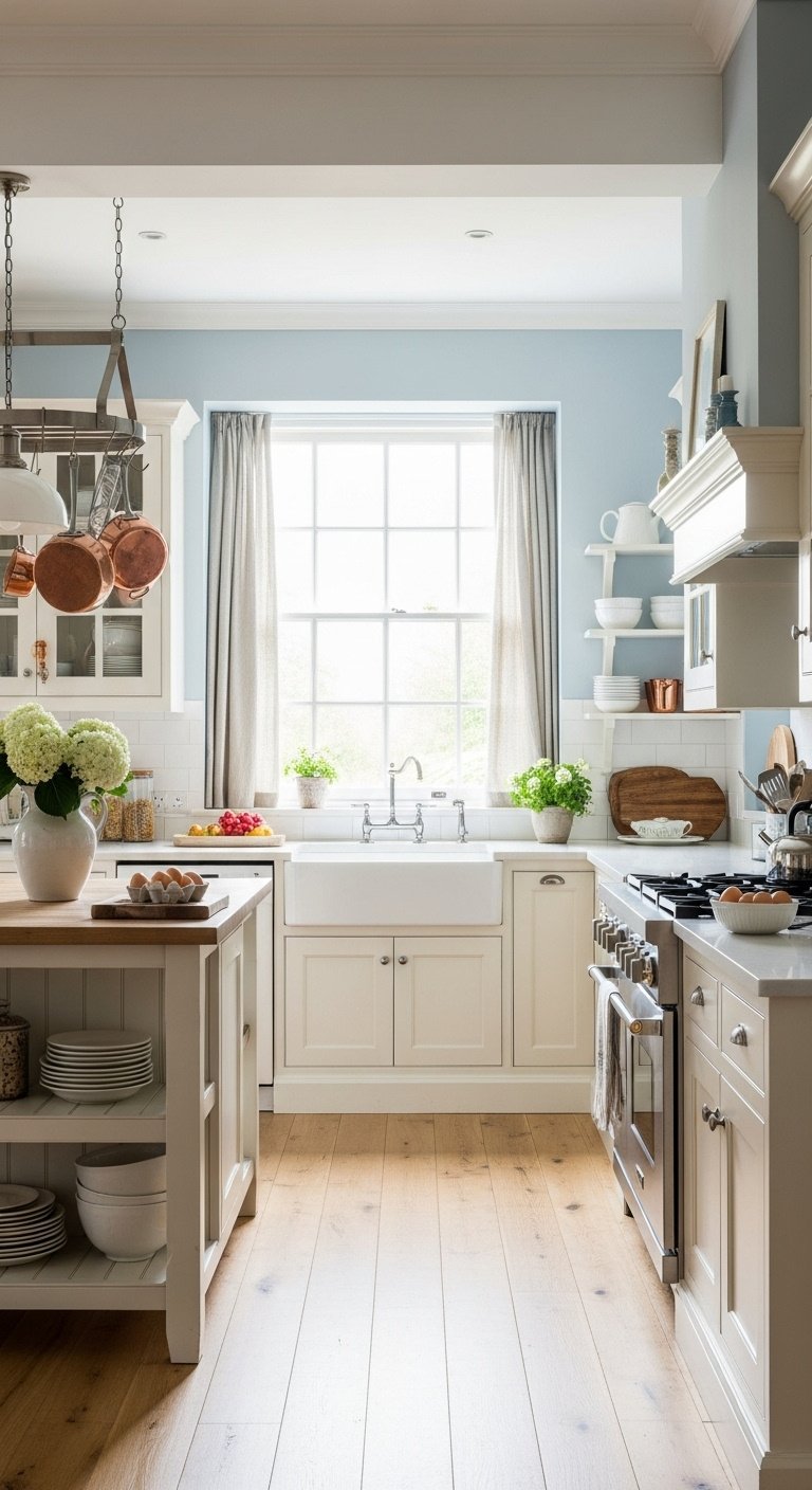 Bright French country kitchen with soft pale blue walls creamy white cabinets wooden island and natural light from a large window