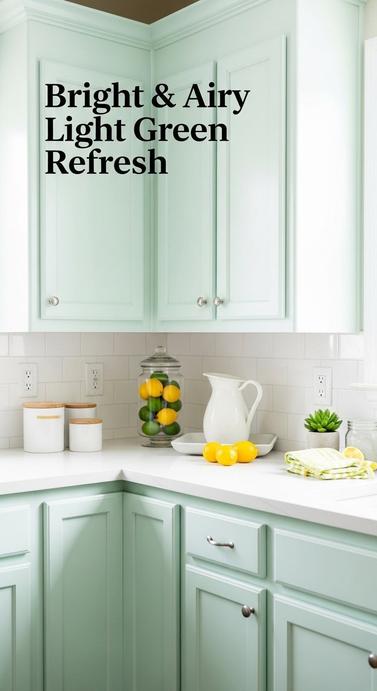 Bright and airy light green refresh kitchen with mint green cabinets white countertop and simple white tile backsplash