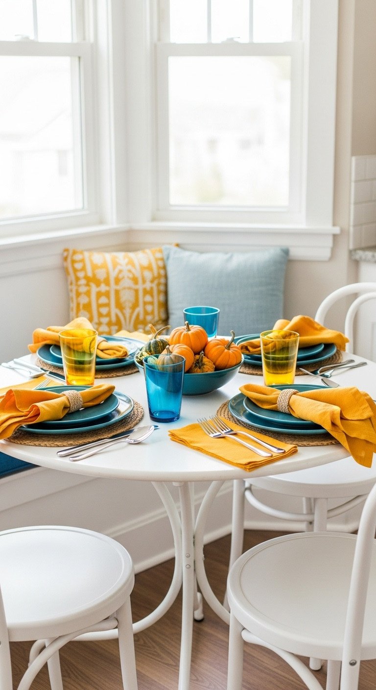 Bright and cheery small Thanksgiving round table with low centerpiece of mini pumpkins mustard yellow napkins and deep teal plates