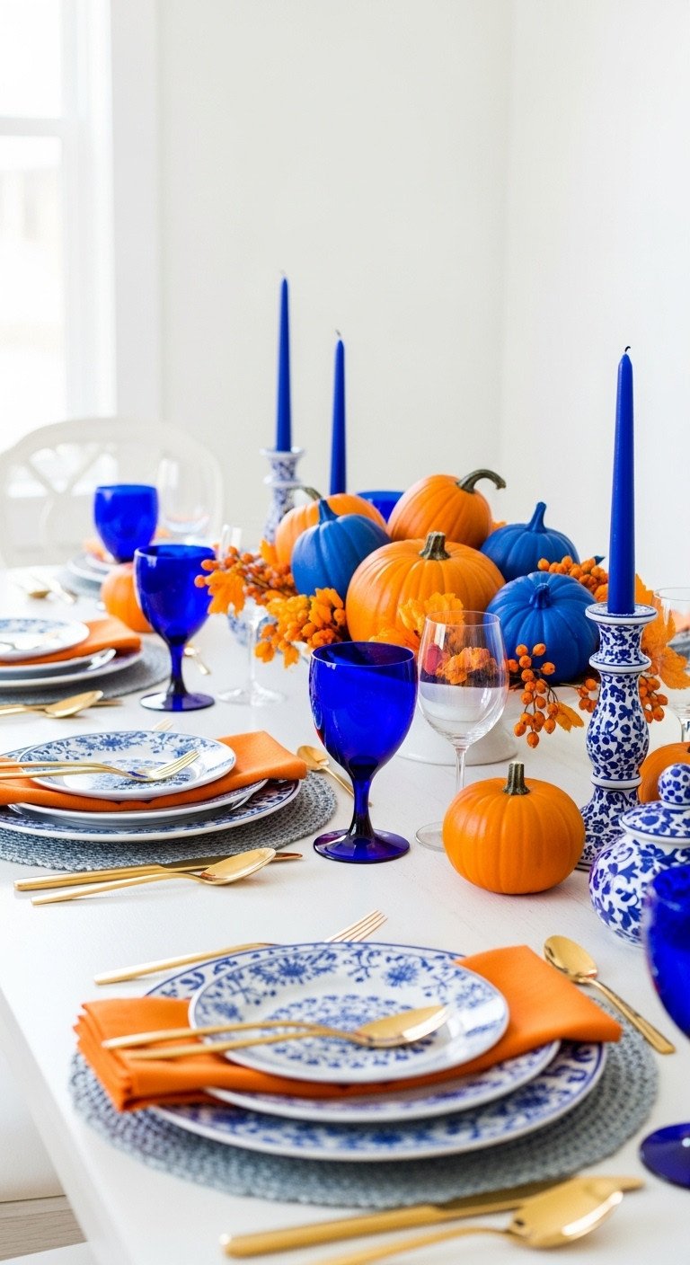 Bright bold blue Thanksgiving table with cobalt blue glasses orange pumpkins blue-painted gourds and patterned plates