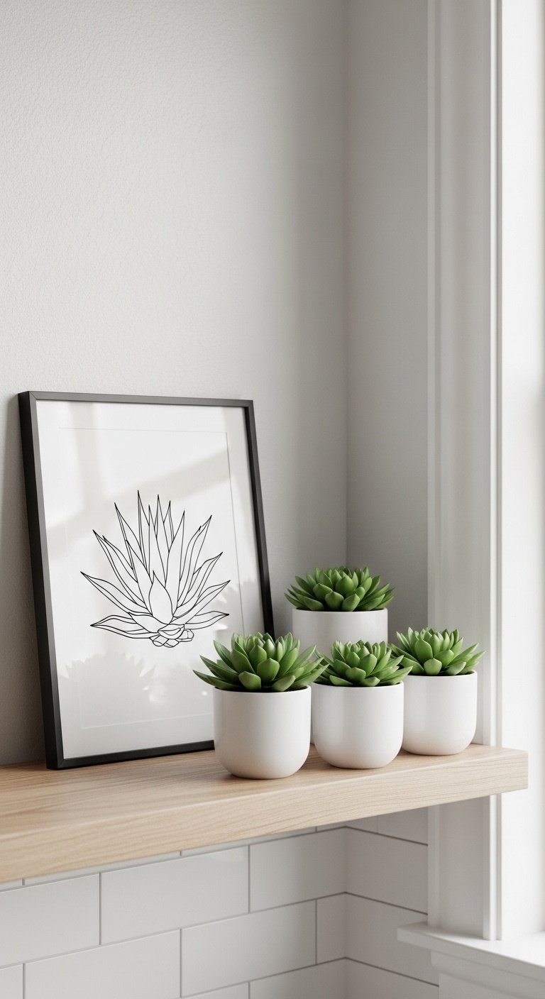 Bright kitchen corner with wooden shelf agave art and green succulents in white pots