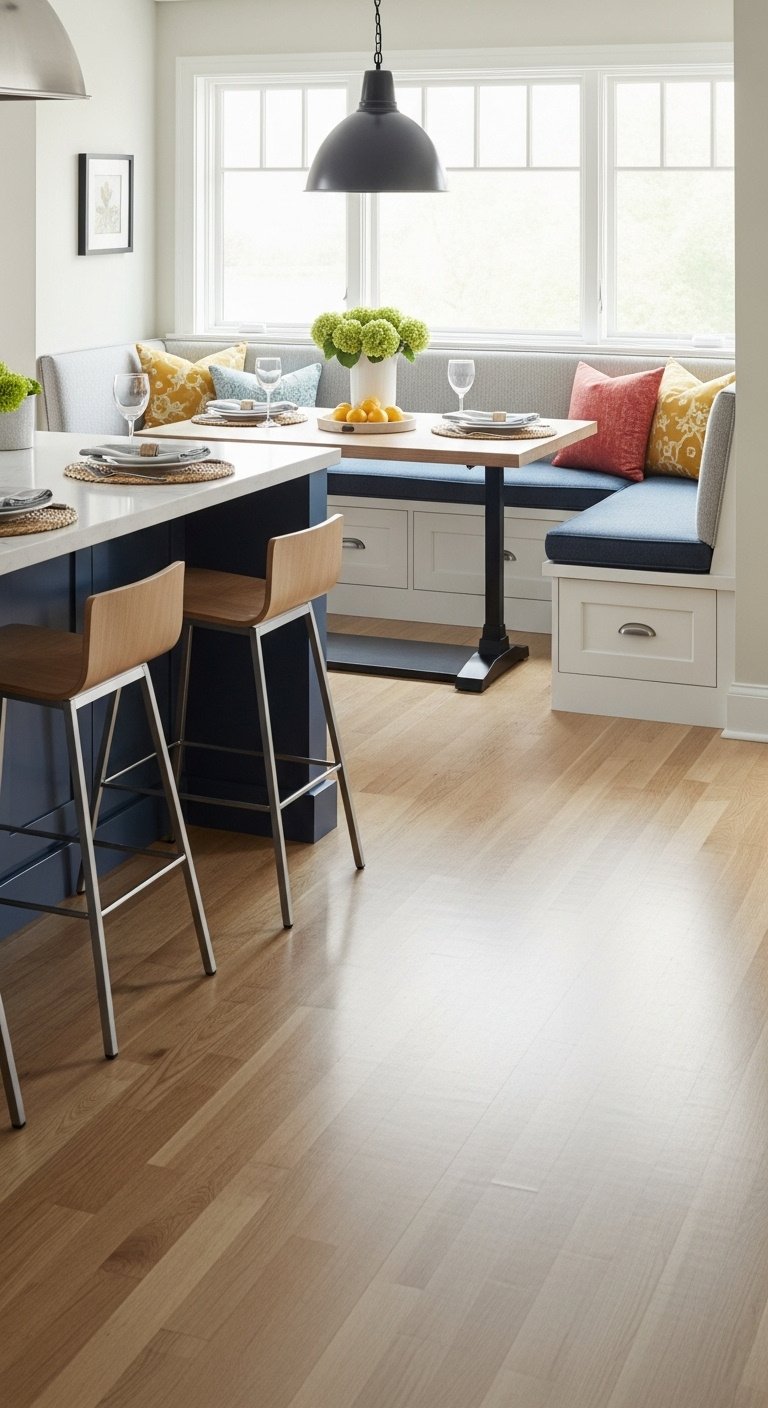 Bright kitchen with integrated bench seating large island bar stools and a cozy built-in banquette
