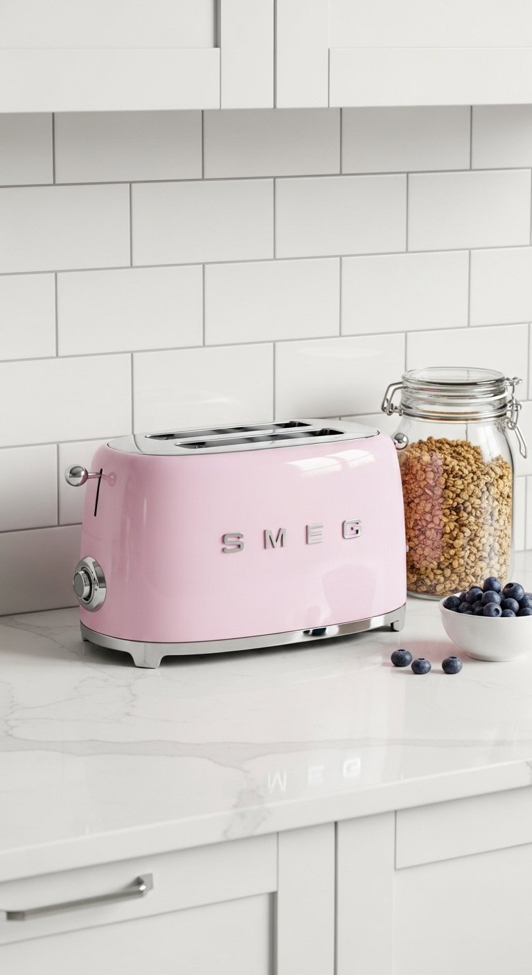 Bright pastel pink retro Smeg toaster on a white quartz countertop with granola and blueberries against a subway tile backsplash