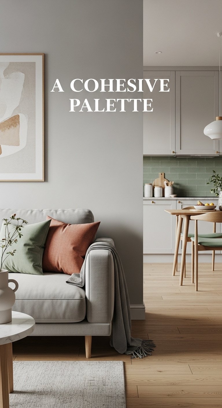 Bright small open-plan living area with light gray walls sage green and terracotta accents connecting kitchen and living zones