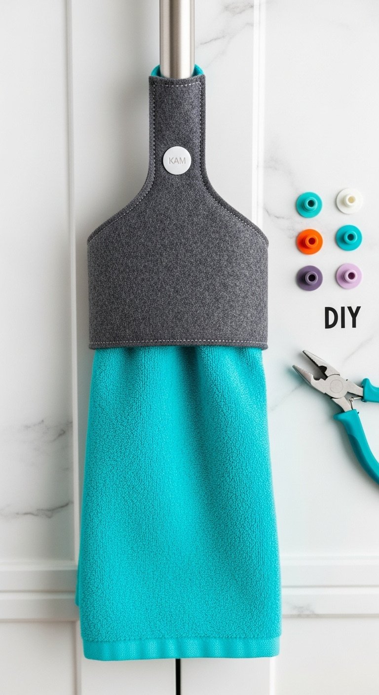 Bright teal kitchen towel with charcoal felt topper and white KAM snap on a refrigerator handle