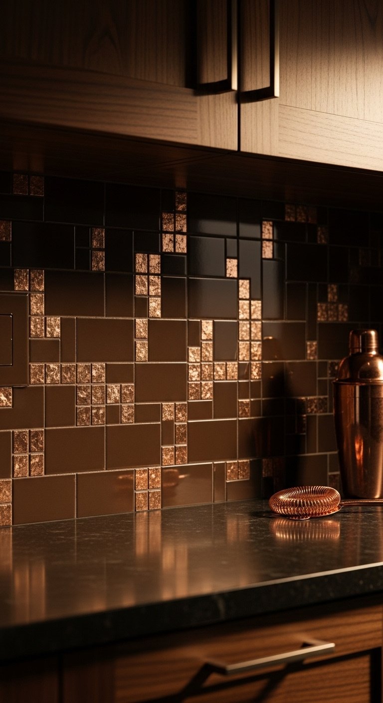 Brown ceramic tile backsplash with shimmering copper accents and deep walnut cabinets