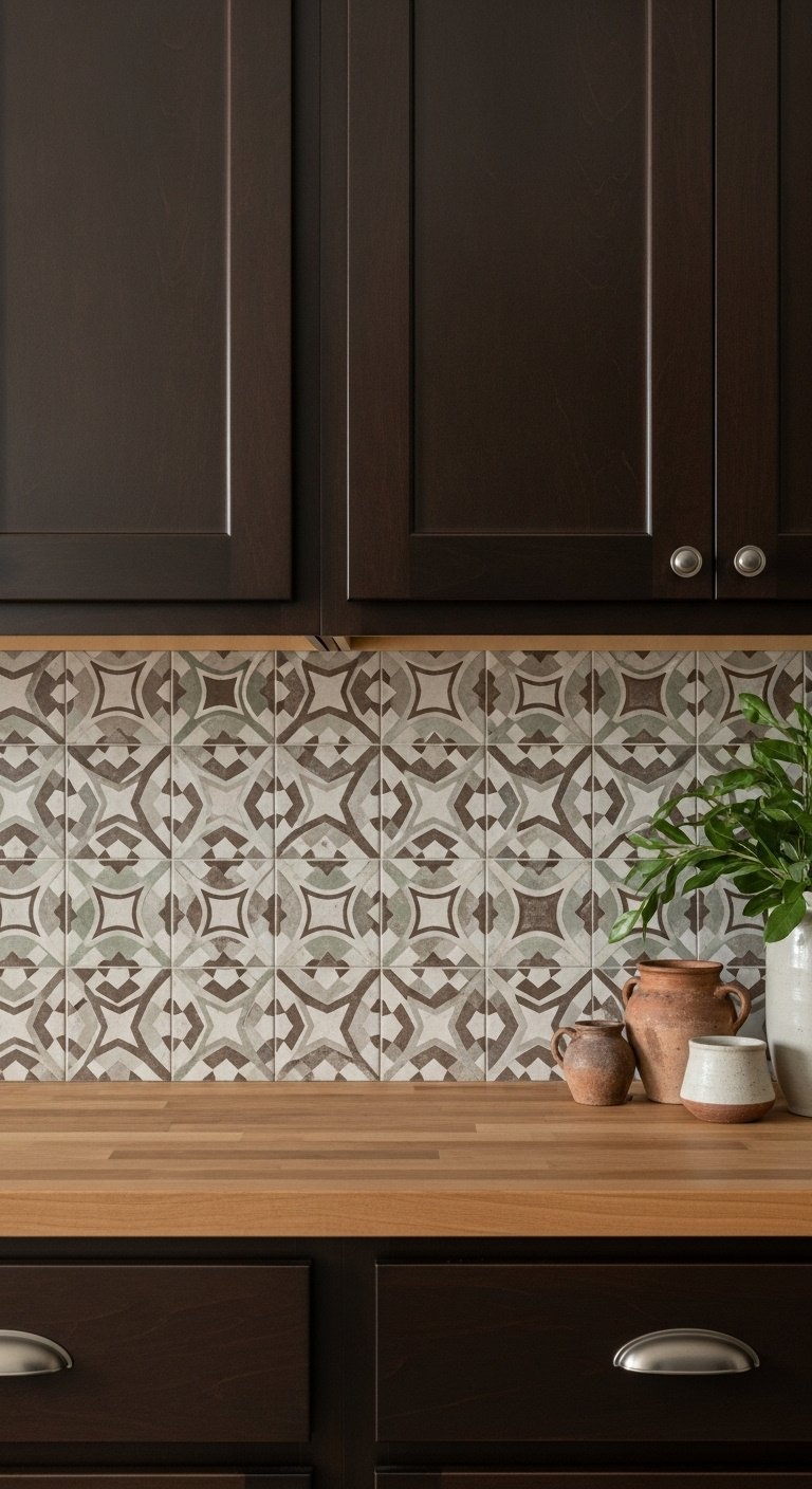 Brown patterned encaustic tile backsplash with dark brown shaker cabinets and butcher block countertop