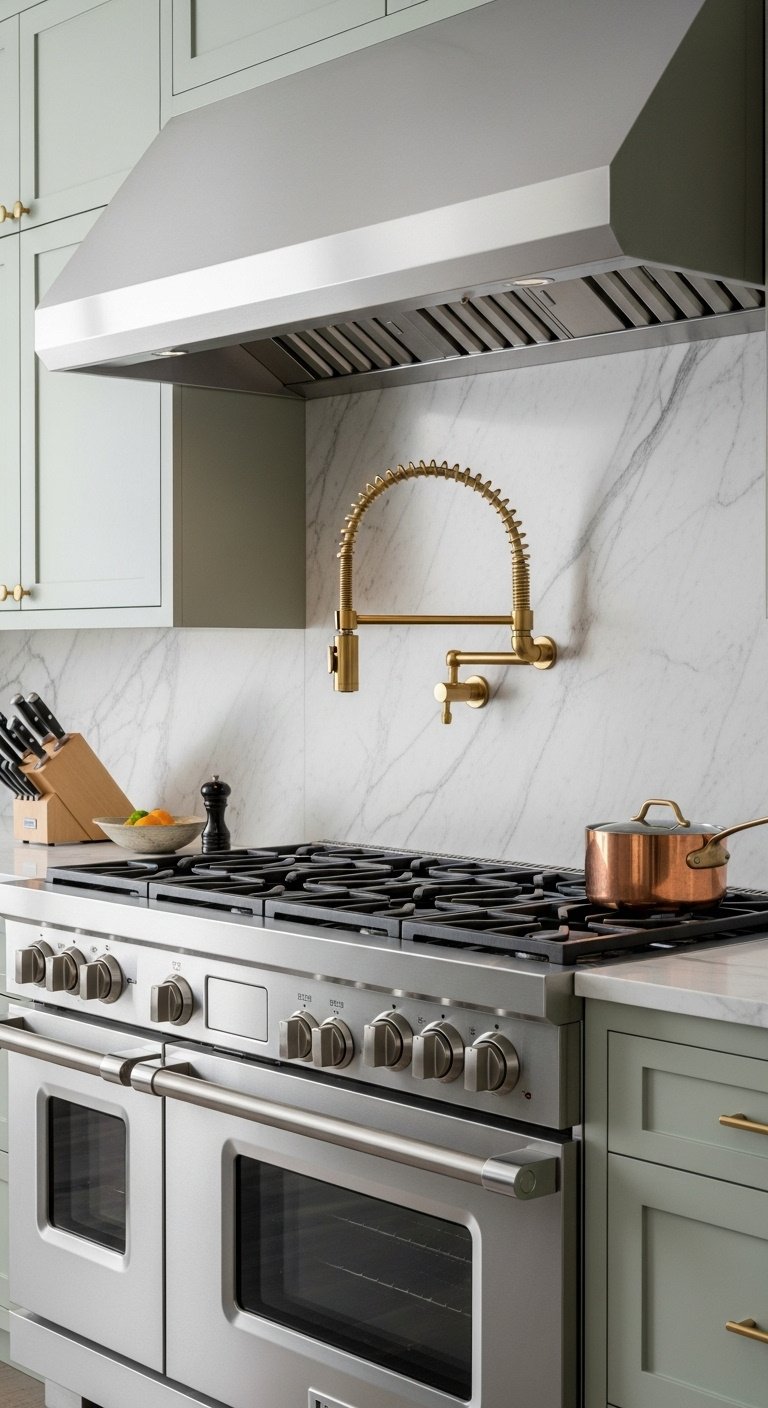 Brushed gold pot filler faucet stainless steel range white marble backsplash sage green cabinets copper pot chef knife