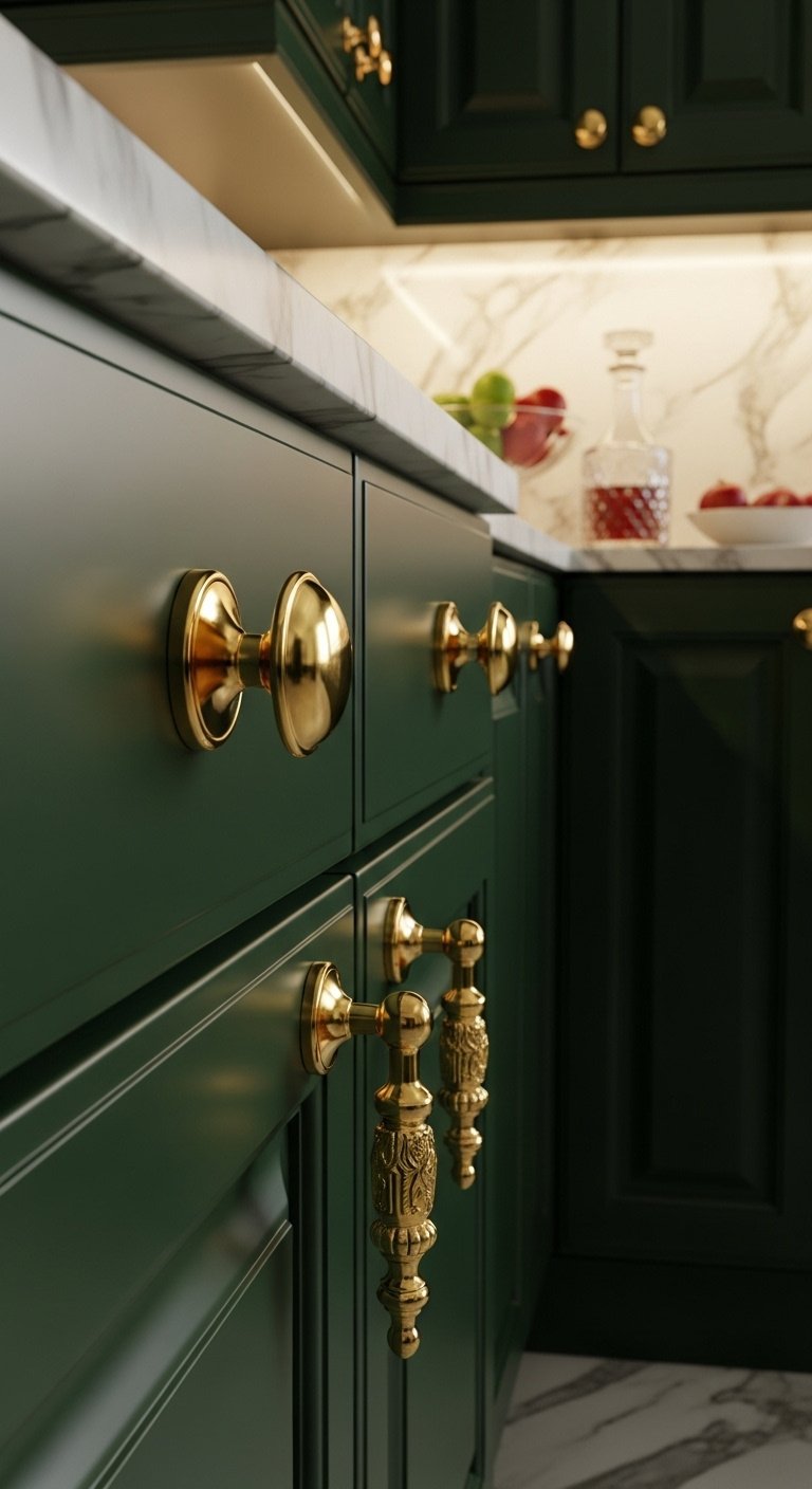 Brushed gold pull handle on a white shaker kitchen cabinet for a stunning update