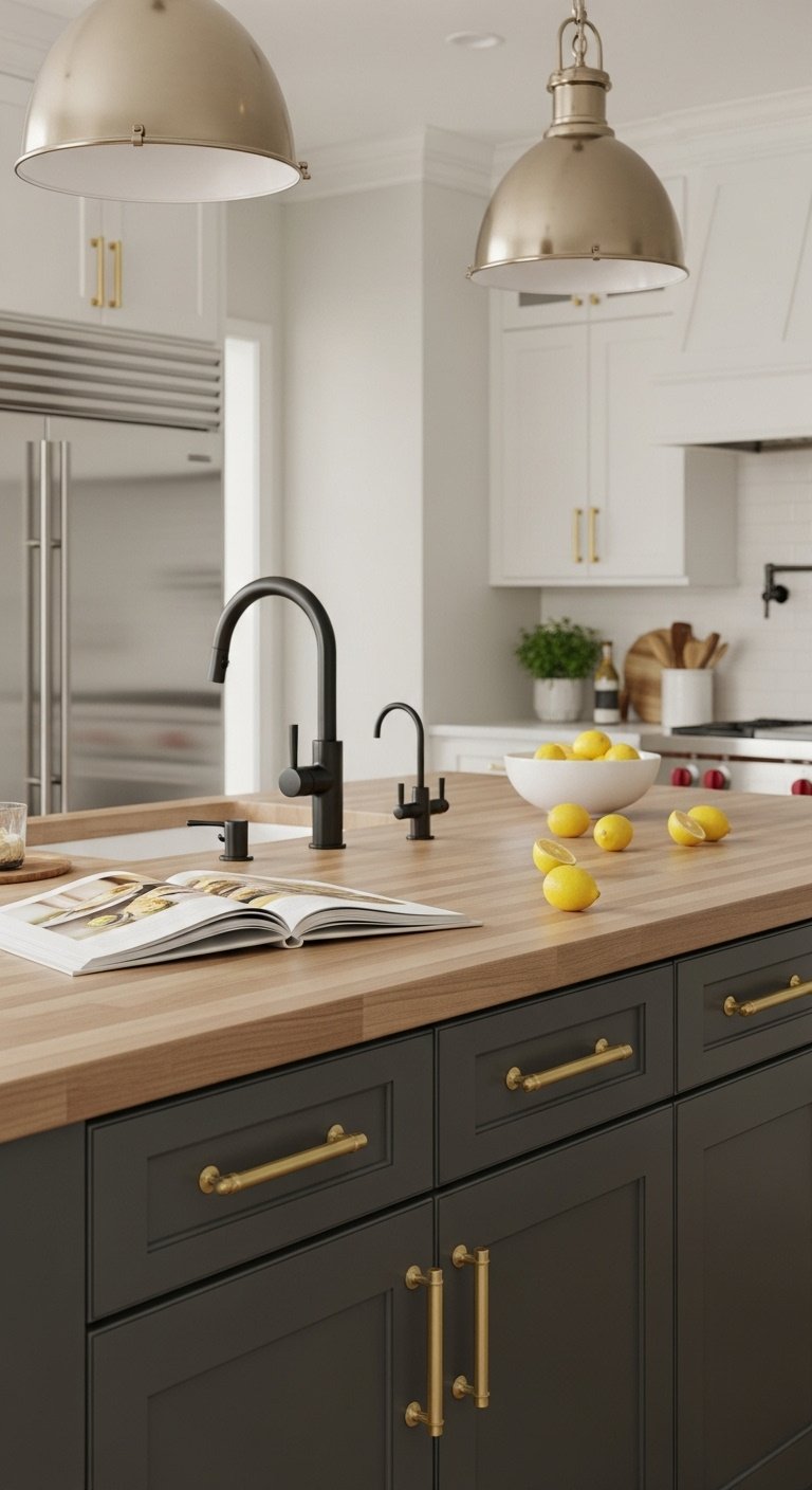 Brushed gold pull handle on a white shaker kitchen cabinet for a stunning update