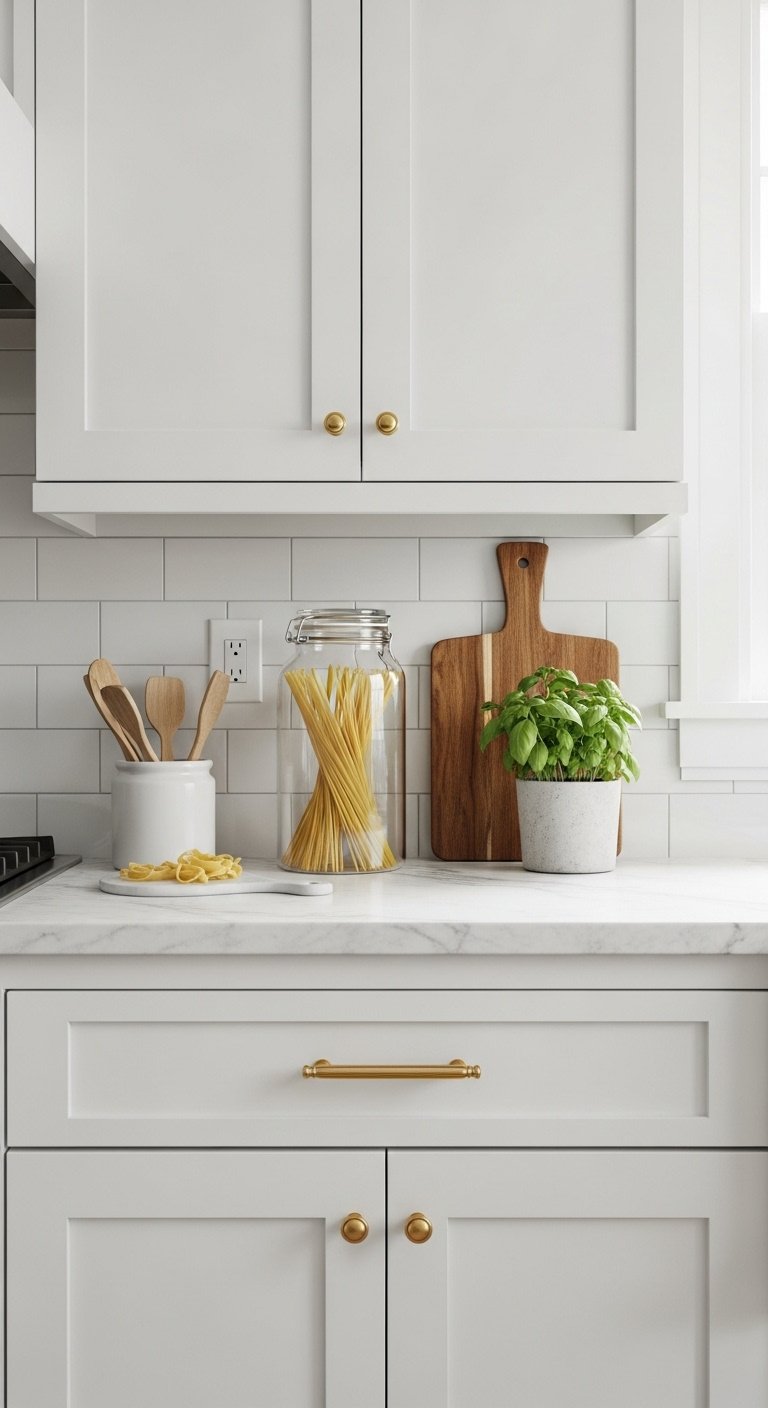 Brushed gold pull handle on a white shaker kitchen cabinet for a stunning update