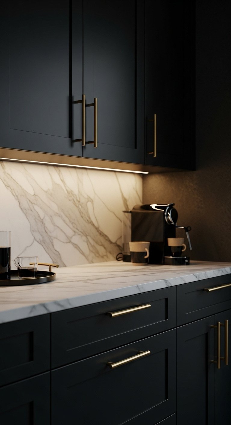 Brushed gold pull handle on a white shaker kitchen cabinet for a stunning update