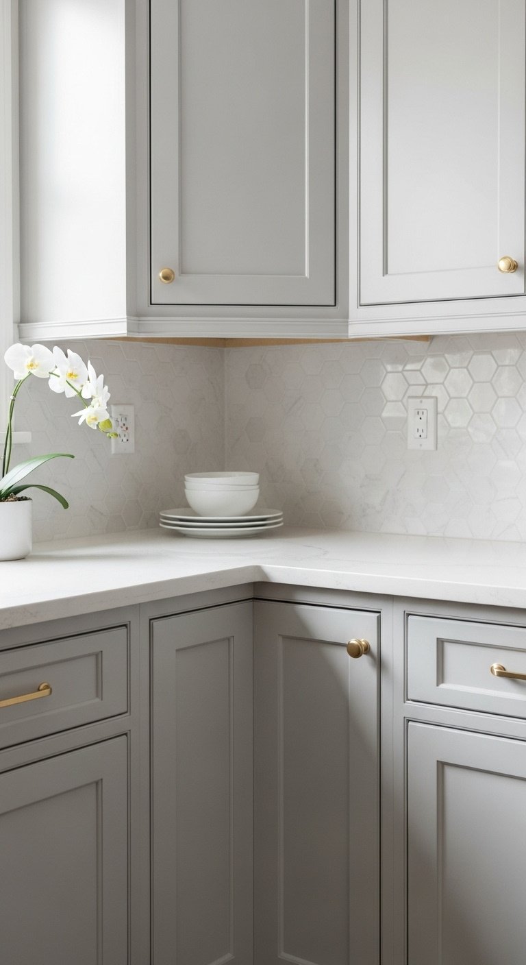 Brushed gold pull handle on a white shaker kitchen cabinet for a stunning update
