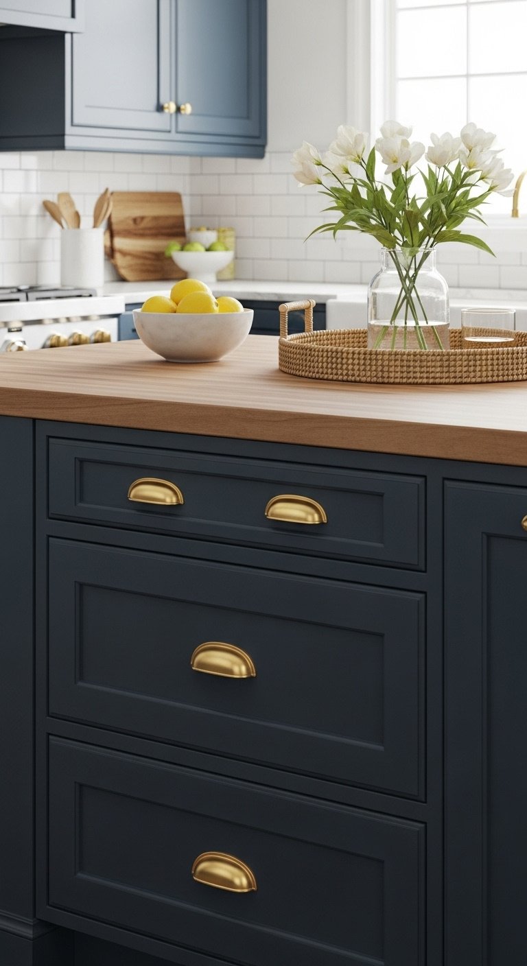 Brushed gold pull handle on a white shaker kitchen cabinet for a stunning update