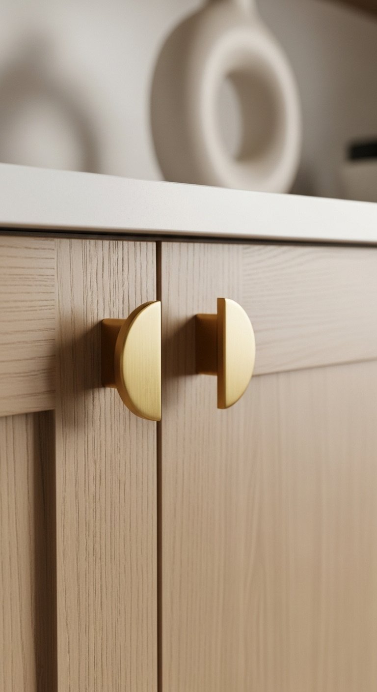 Brushed gold pull handle on a white shaker kitchen cabinet for a stunning update