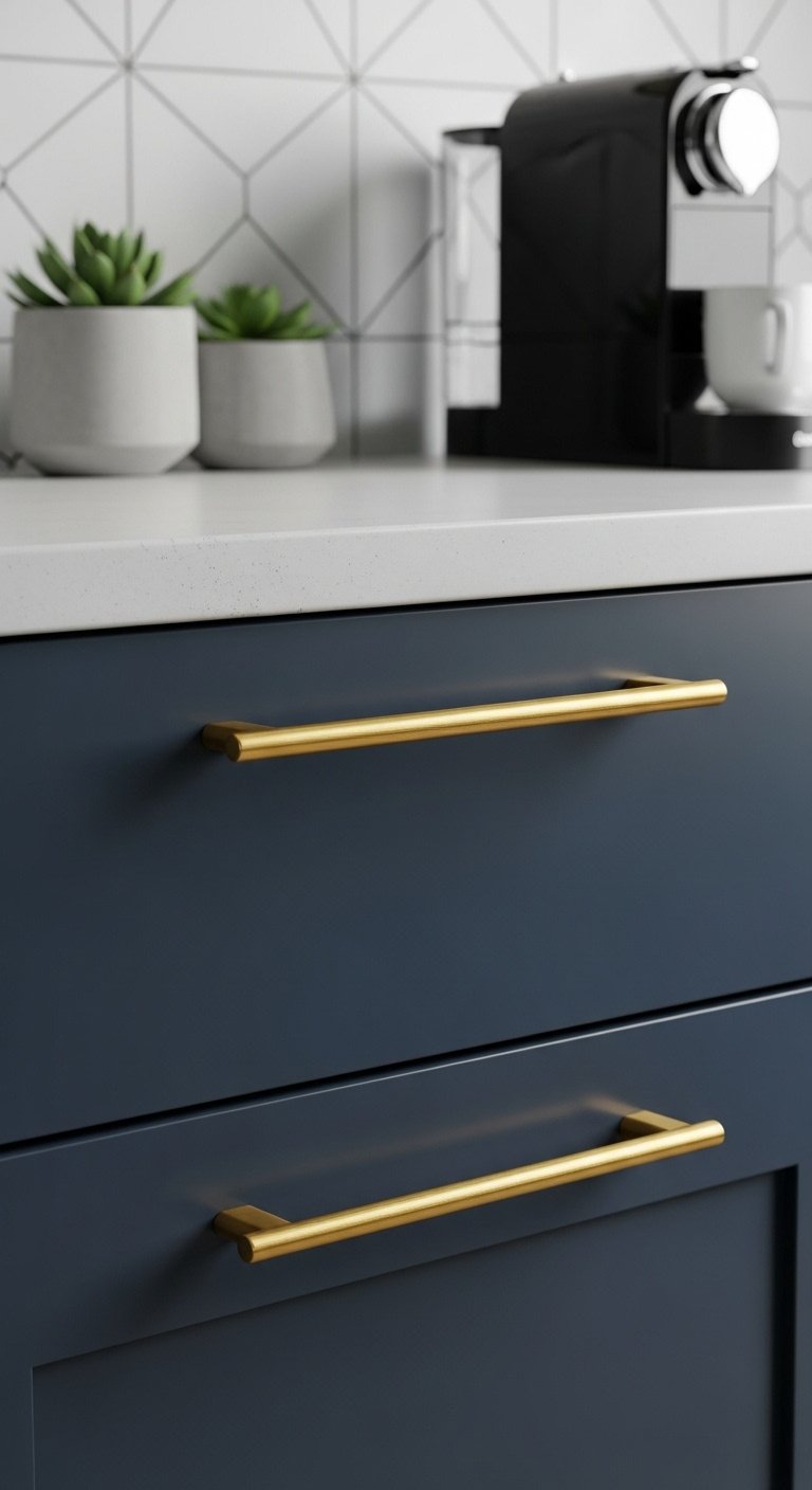 Brushed gold pull handle on a white shaker kitchen cabinet for a stunning update