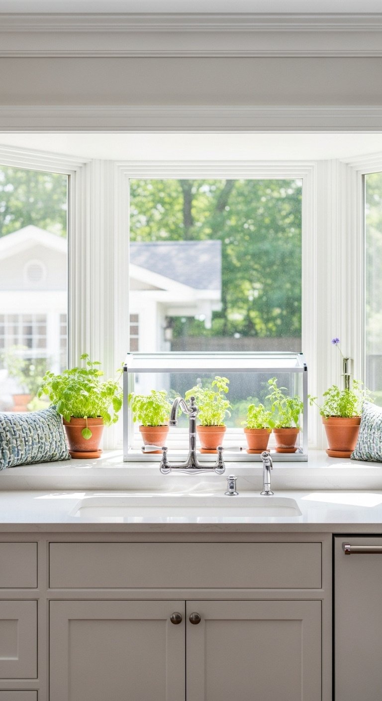 Bump-out bay window over kitchen sink with deep windowsill mini greenhouse potted plants herbs and lush backyard view