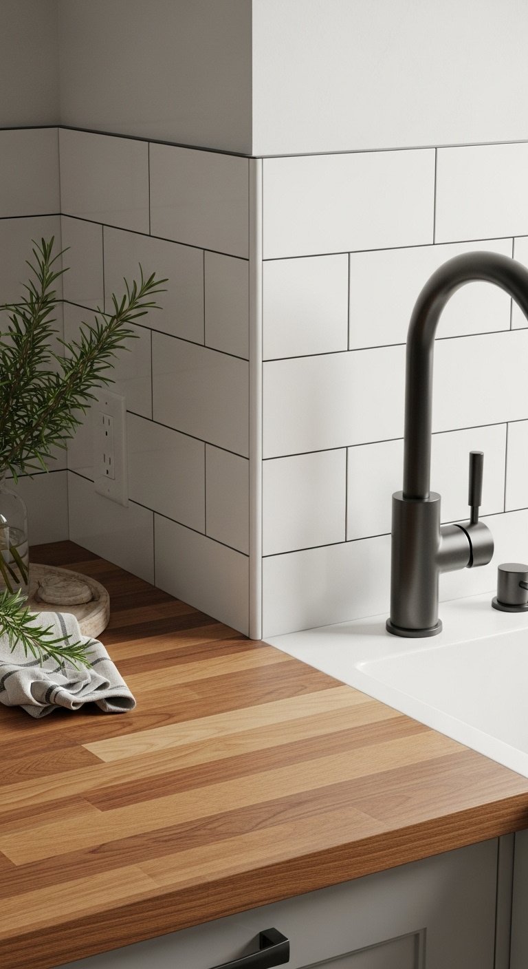 Butcher block countertop meeting white subway tile backsplash with a matte black faucet, rosemary, and linen tea towel