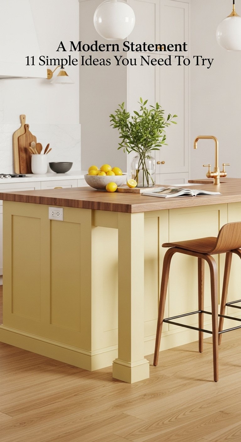 Butter yellow kitchen island with butcher block countertop and lemons on a light oak floor with blurred off white cabinets