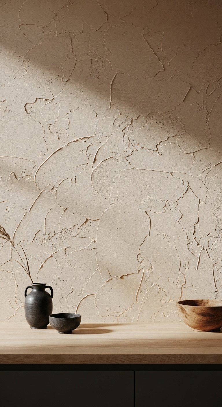 Calm minimalist rustic kitchen with an unfinished plaster backsplash light wood counter and dark ceramic vase