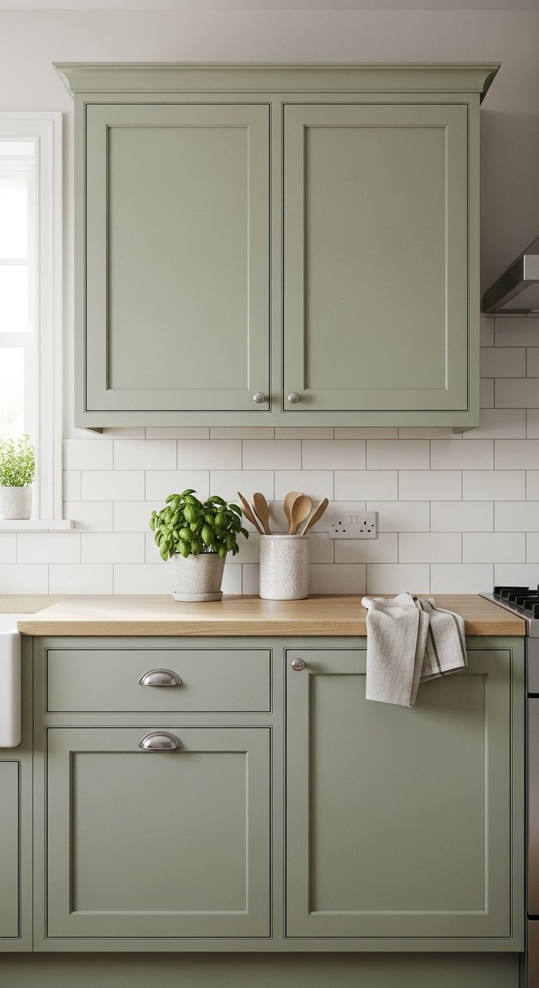 Calming sage green shaker kitchen cabinets with white subway tile backsplash and light butcher block countertop