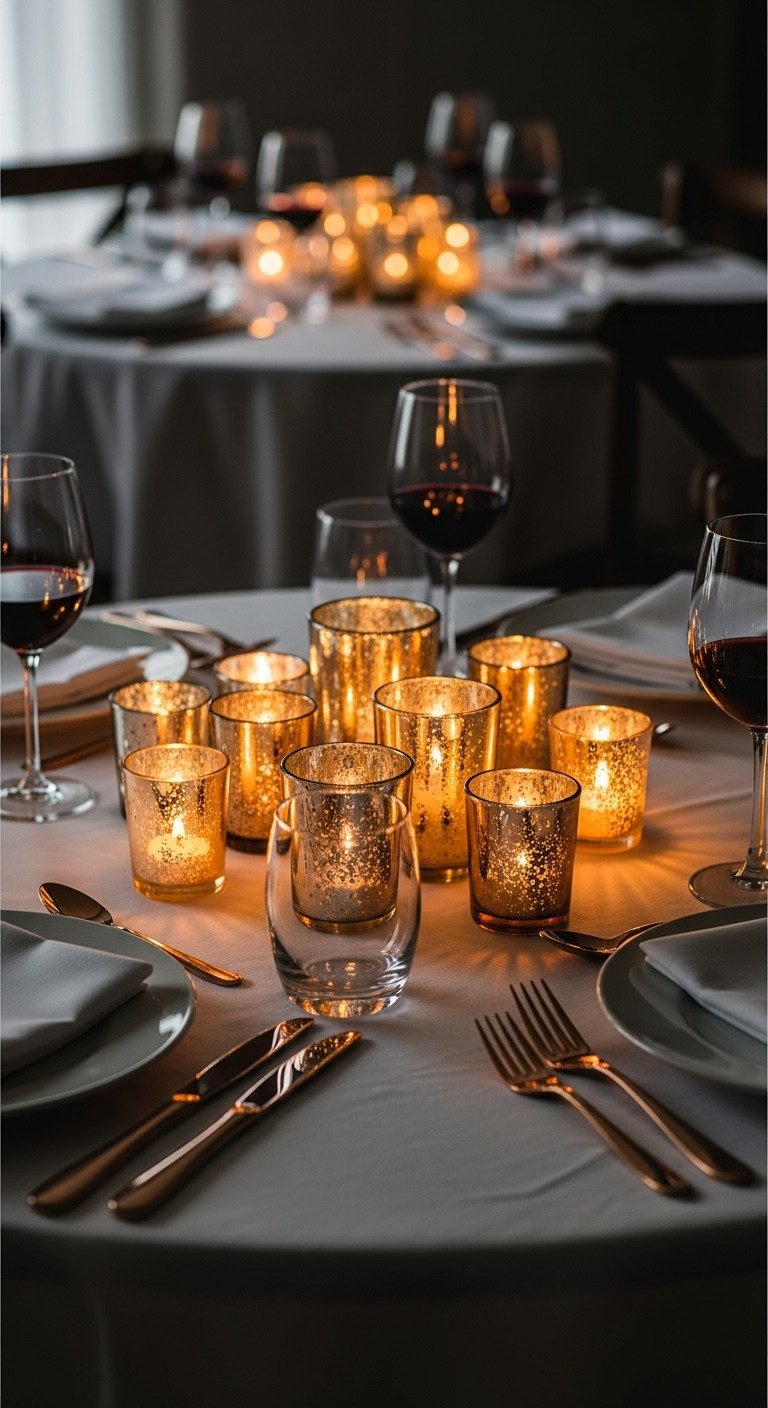 Candlelit Thanksgiving round table with mismatched votives mercury glass amber glass and rose gold cutlery on white tablecloth