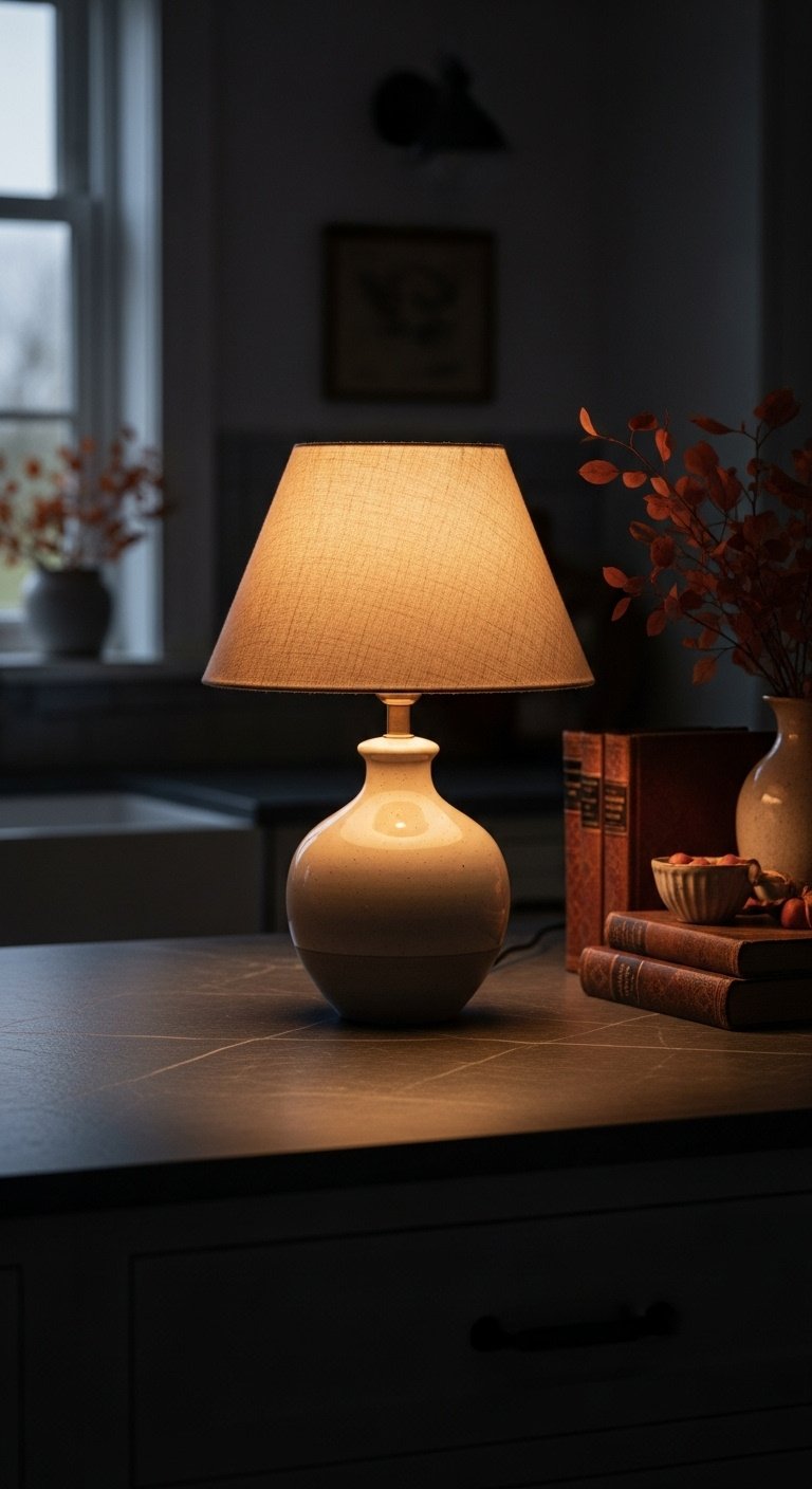 Ceramic countertop lamp with linen shade casting warm glow on soapstone counter, cozy fall kitchen decor