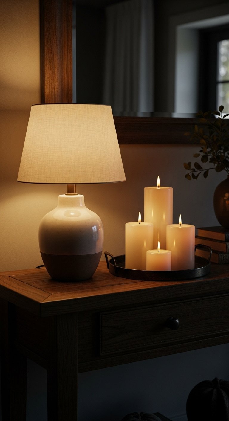 Ceramic lamp with linen shade next to flickering ivory pillar candles on a dark metal tray on a fall entry table with moody light