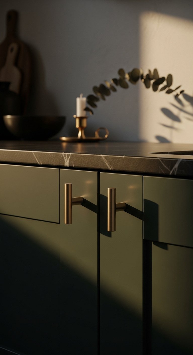 Champagne bronze cabinet pull on a navy kitchen cabinet for a chic update