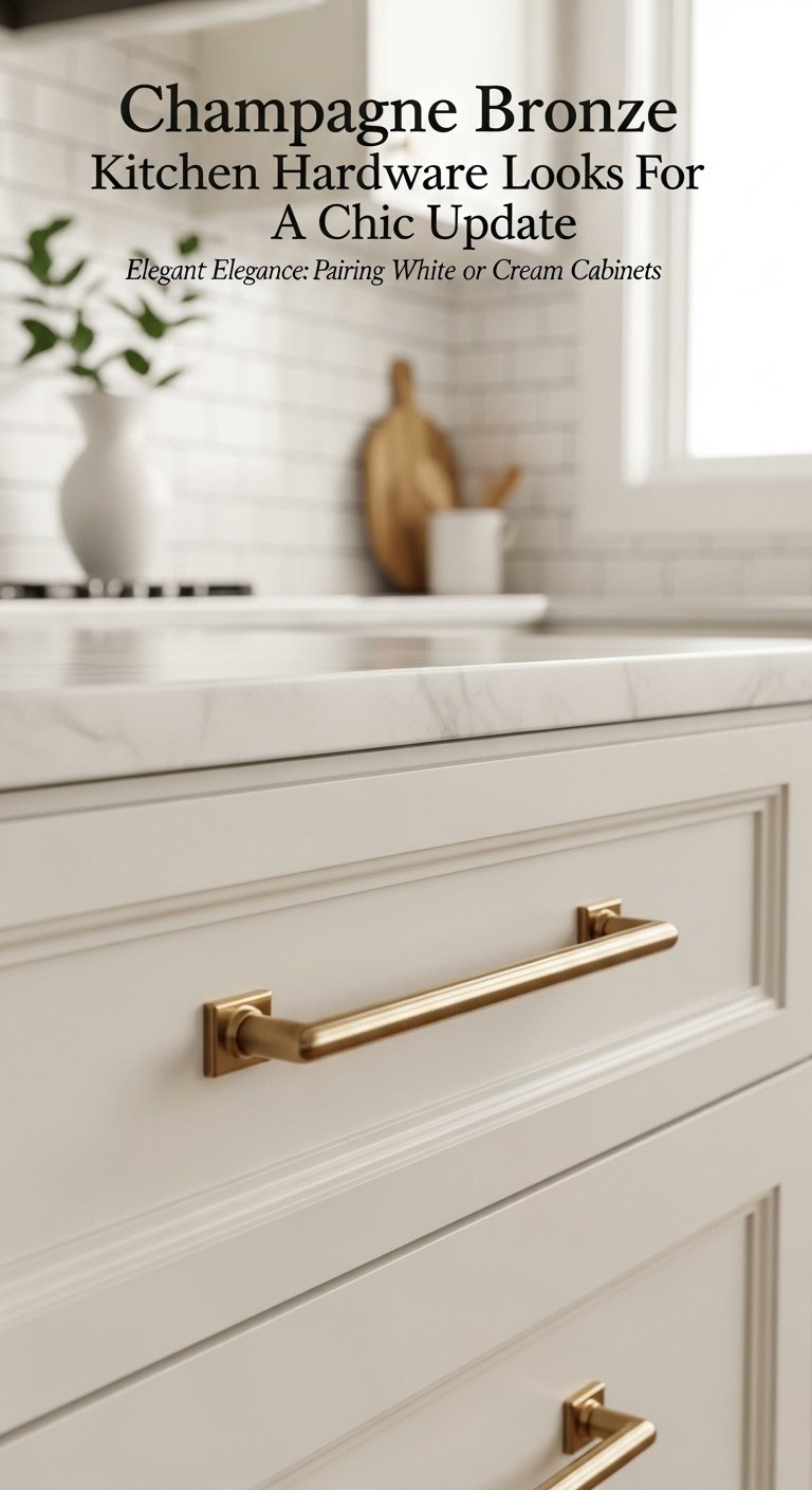Champagne bronze kitchen hardware on navy cabinet for a chic update