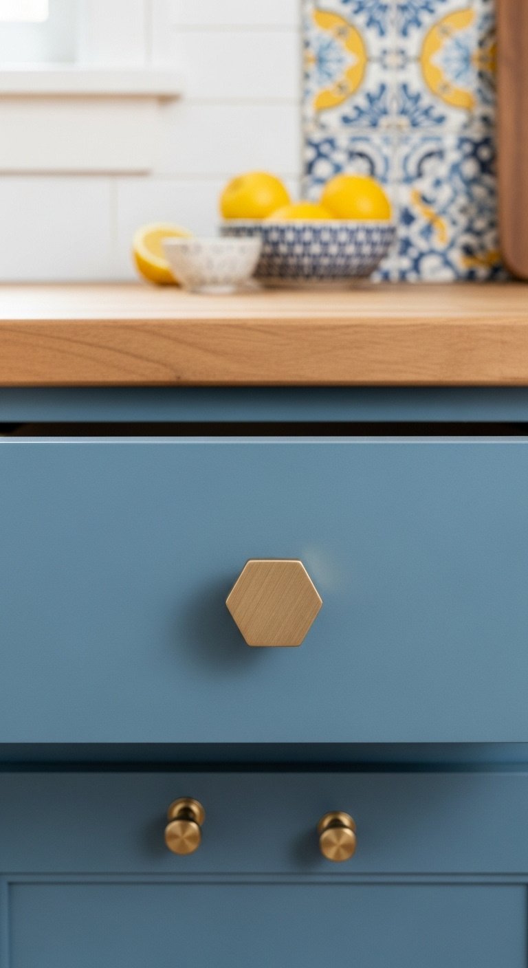Champagne bronze pull handle on a navy blue kitchen cabinet for a chic update