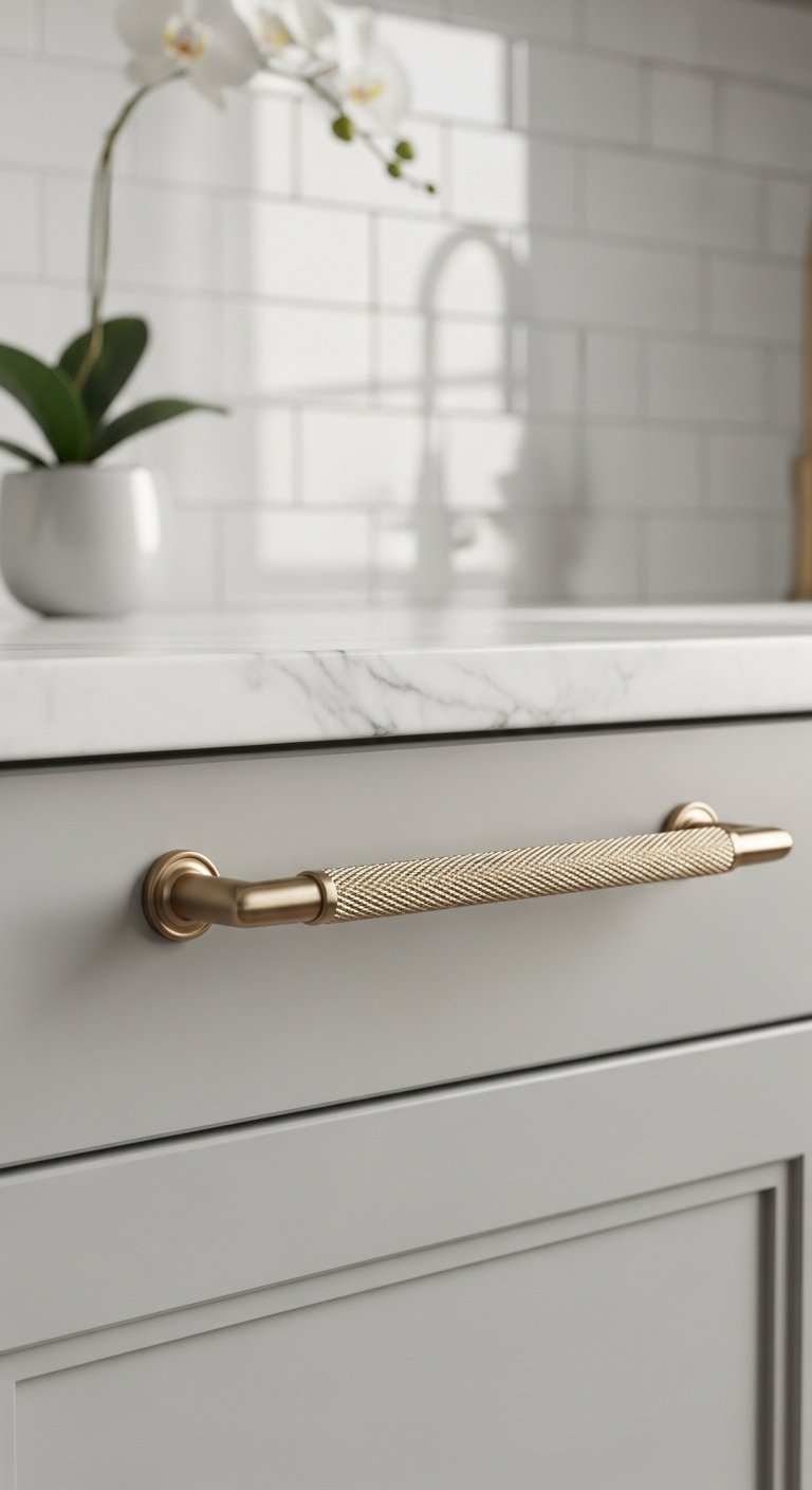 Champagne bronze pull handle on a navy blue kitchen cabinet for a chic update