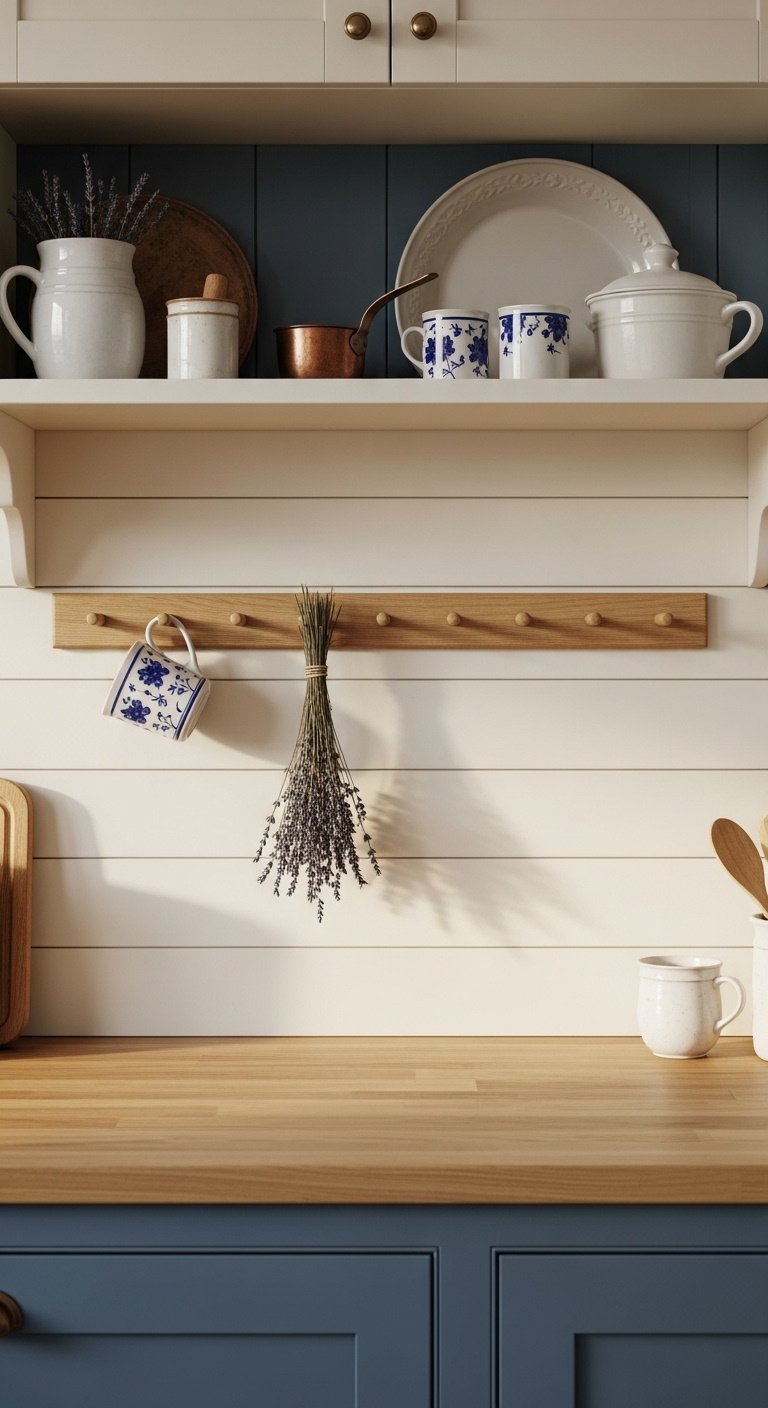 Charming English country kitchen with creamy white shiplap backsplash peg rail and butcher block countertop