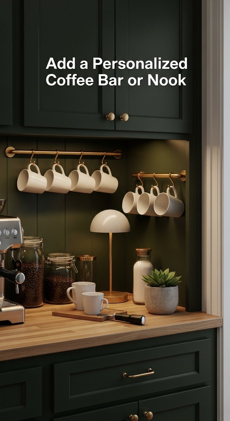 Charming coffee nook in a kitchen alcove with dark green cabinets, butcher block counter, white mugs, and an espresso machine