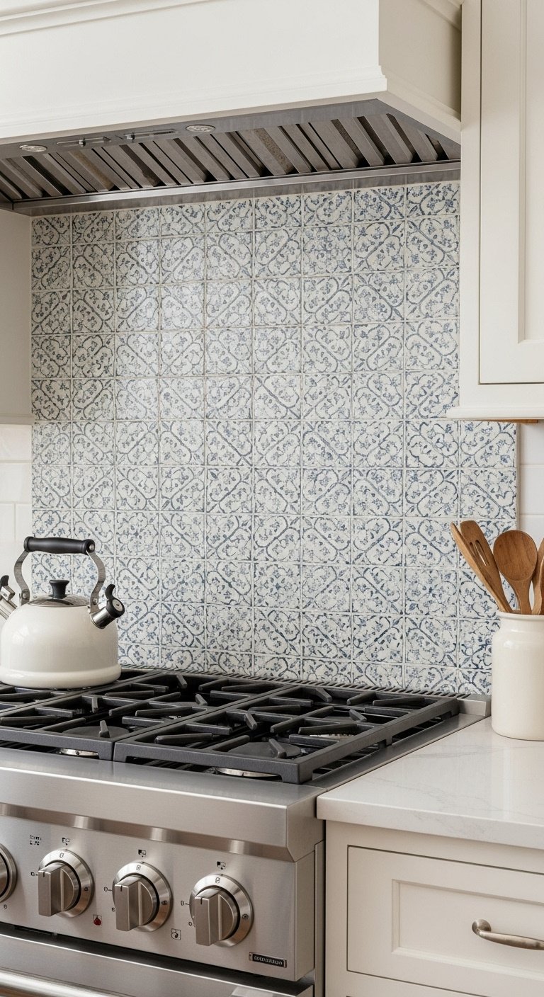 Charming cottage kitchen with a blue and white vintage pattern tile backsplash white quartz counter and wooden spoons