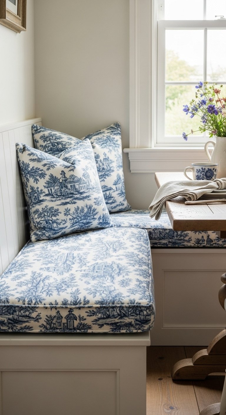 Charming kitchen breakfast nook with a wooden bench and blue and white Toile de Jouy fabric cushion in natural light