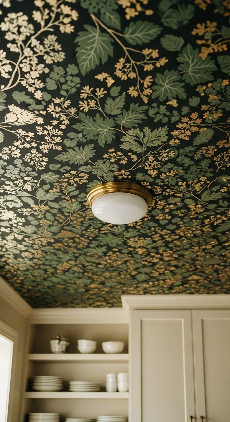 Charming kitchen ceiling covered in sophisticated dark green botanical wallpaper with metallic gold leaf accents and brass light fixture