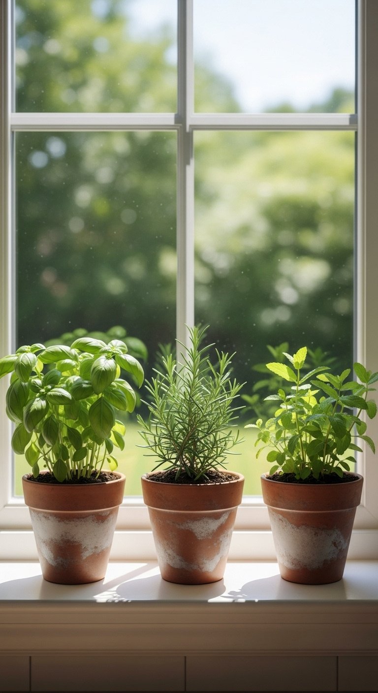 Charming kitchen windowsill with three small rustic terracotta pots containing vibrant green basil rosemary and mint plants