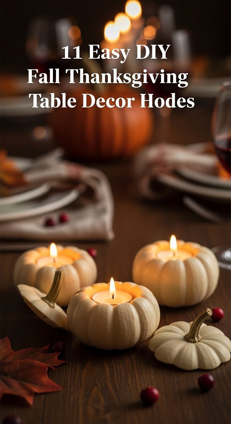 Charming mini pumpkin candle holders with lit tealight candles scattered cranberries and wine glass on a dark wood table